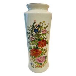 Vintage Made in Japan Crackle Glaze Vase Bird Floral Gold Rim 10”